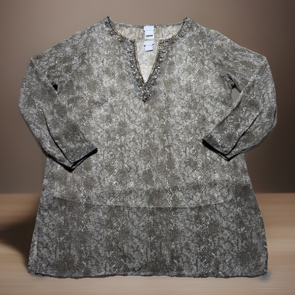 Chicos Snake Print Tunic Top Tank Set Sz-12/14 Beaded Sheer Monochromatic Browns